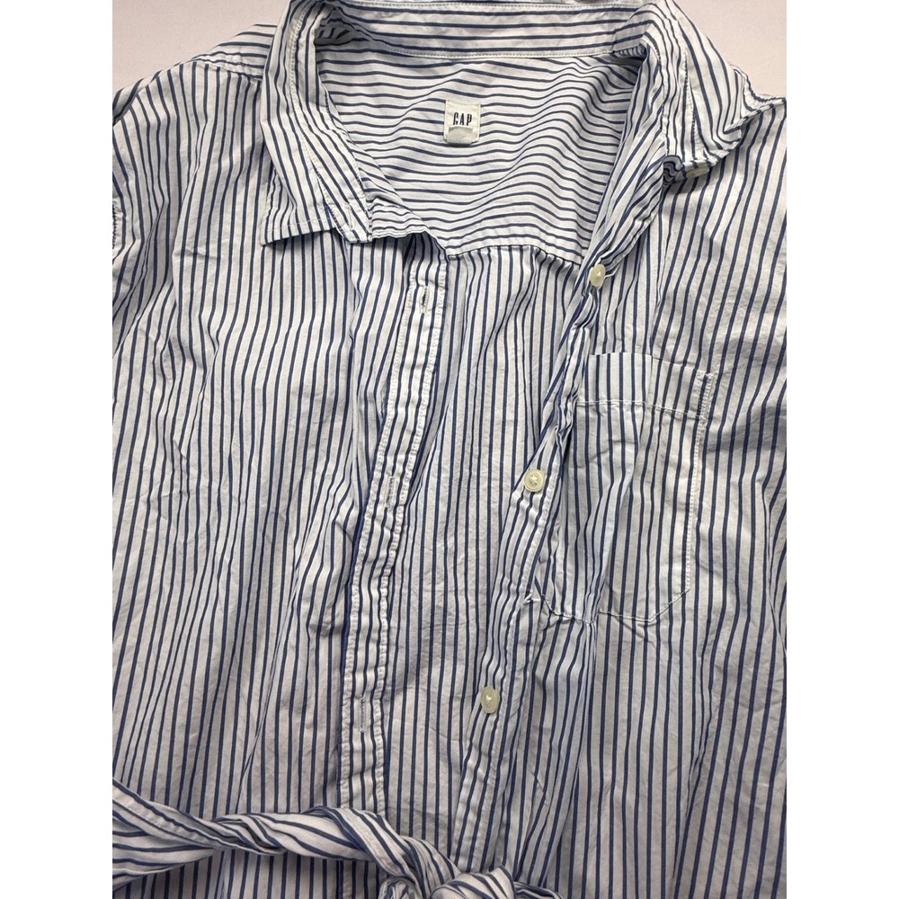 Gap Women XXL Blue White Striped Button Down Shirt Dress Long Sleeve Tie Waist